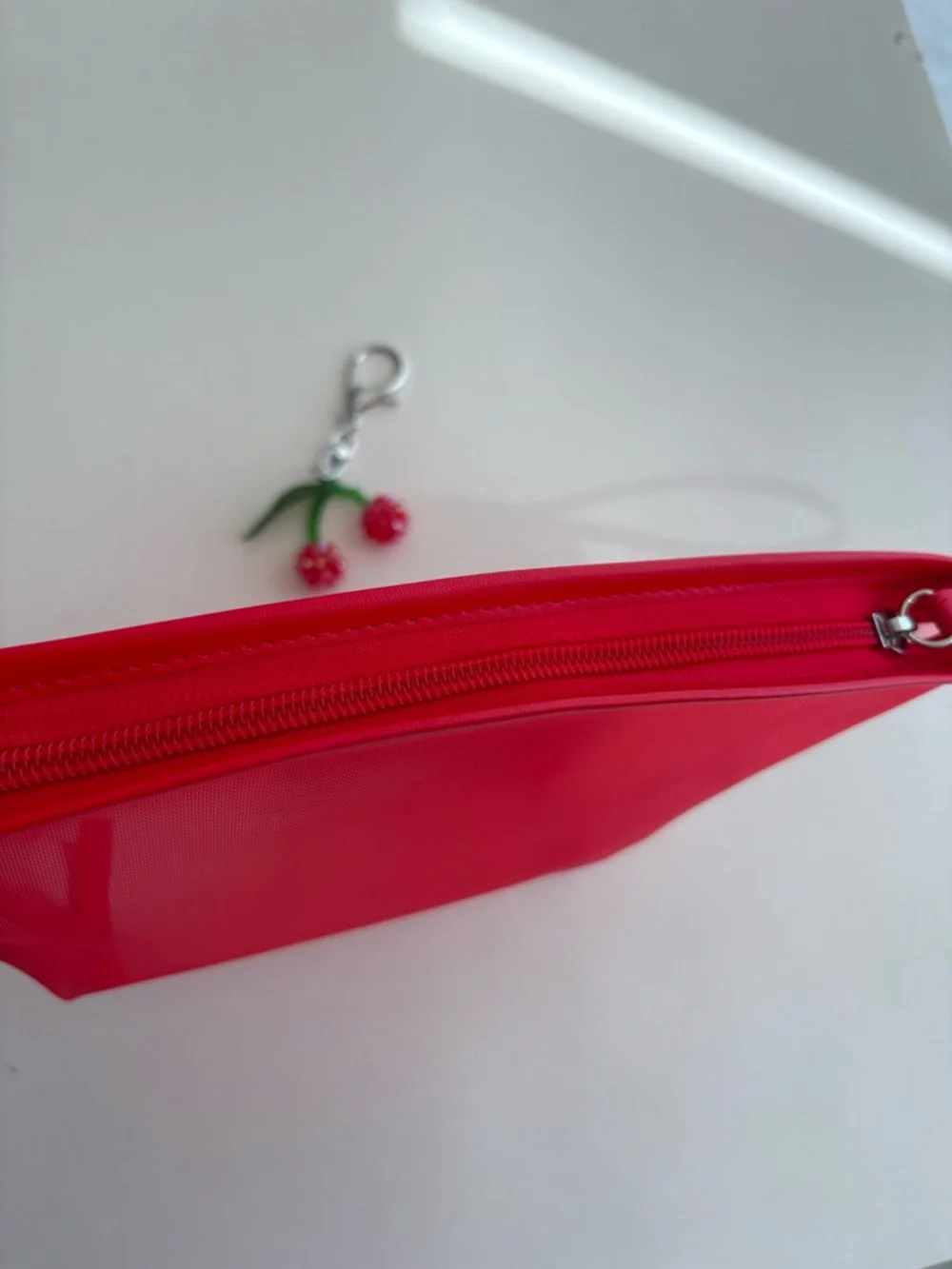 Nordstrom Beauty Bright Red Mesh Cosmetic Pouch with Wrist Strap and Cherry Char
